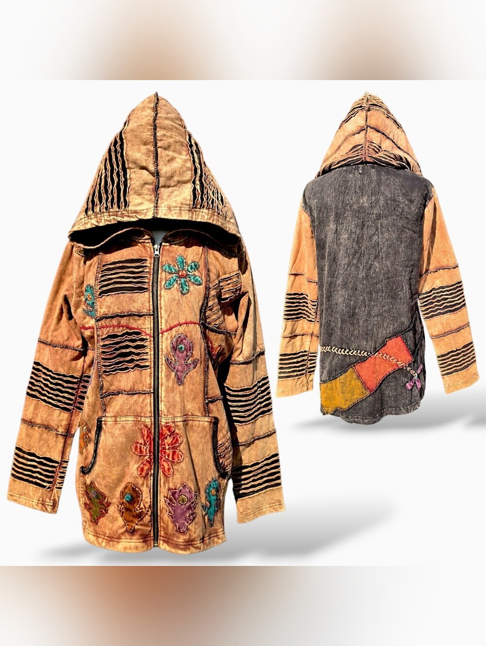 Rising International Vintage Patchwork Boho Floral Zip-Up Hooded Jacket XLarge